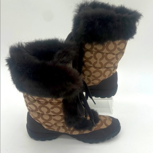 Coach Jennie Signature Fur Trim Lace Up Boots Monogram Khaki Q522 Womens 7.5 B - Picture 2 of 14